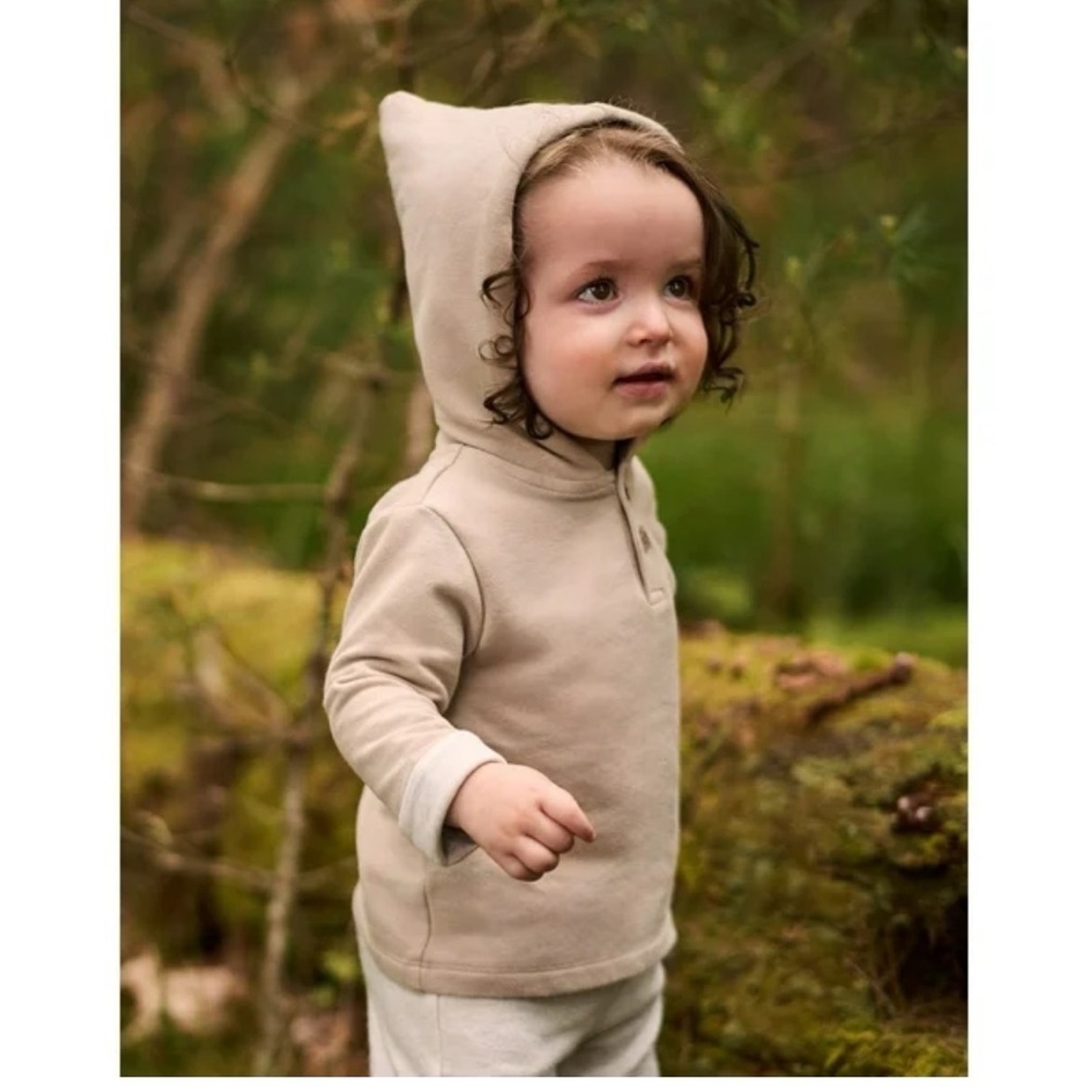 Easy Peasy Beige Sueded Terry Henley Hooded Toddler Sweatshirt in Size 24 Months